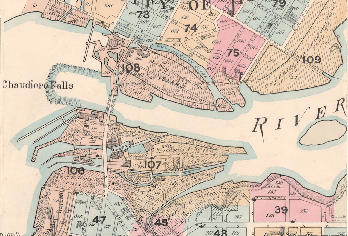 Une carte de la ville d'Ottawa, rétaillé pour montrer la rivière et les chutes de la Chaudière.