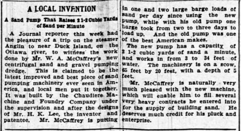 Coupure de journal du Ottawa Journal de 1889, décrivant l'invention d'une pompe servant à aspirer le sable du lit de la rivière.