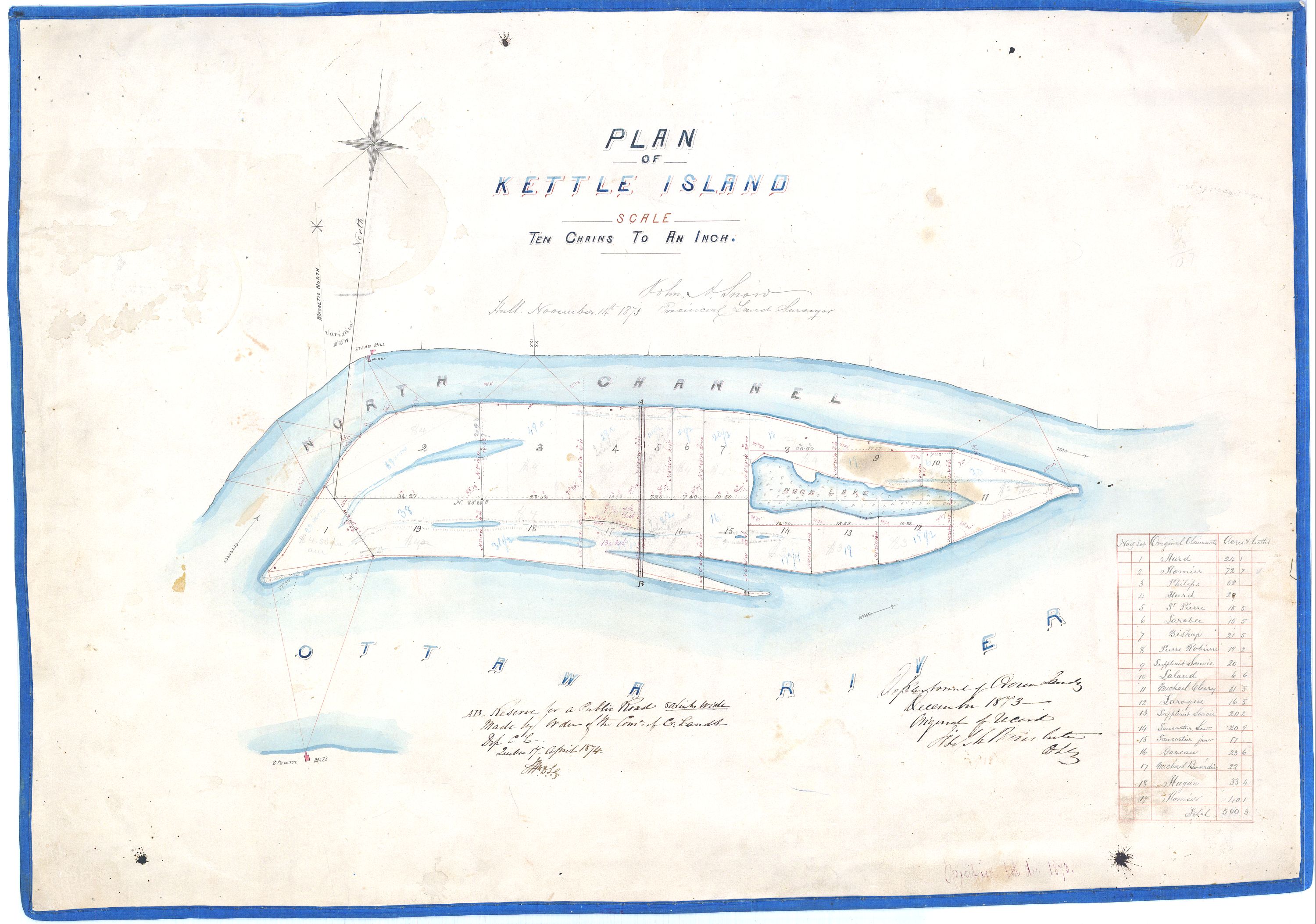 Un plan à l'aquarelle de l'île Kettle, qui montre les limites de propriété.